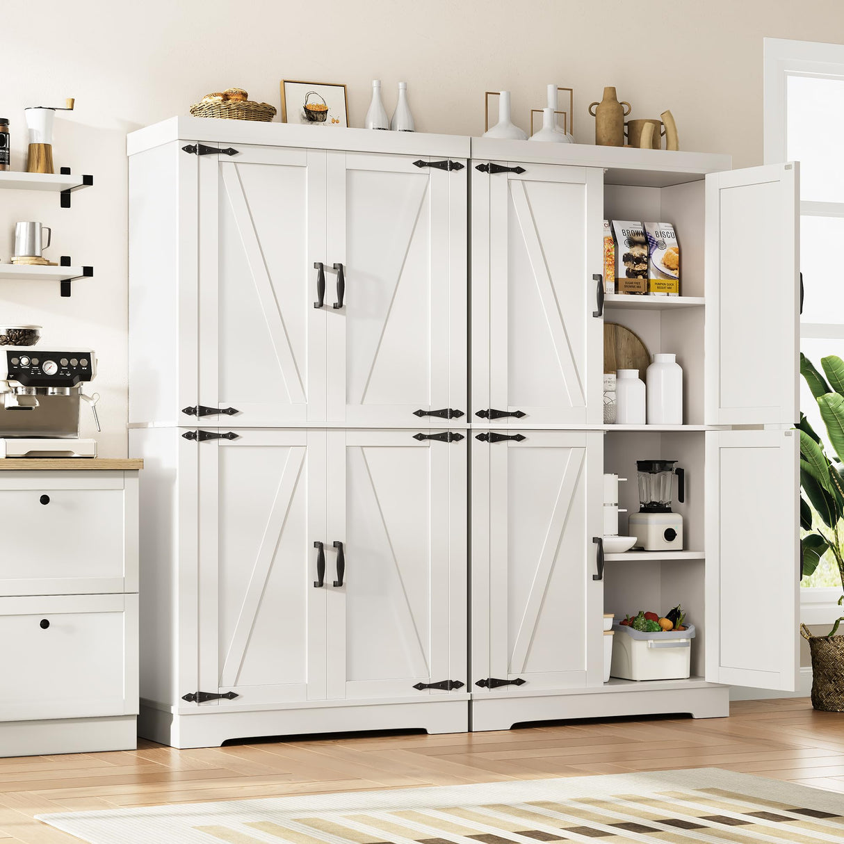Pantry Cabinet,68'' Kitchen Pantry Storage Cabinet with 4 Doors and Adjustable Shelves, Farmhouse Tall Food Large Wood Pantry Storage Furniture for Kitchen Dining Room,White Jocoevol