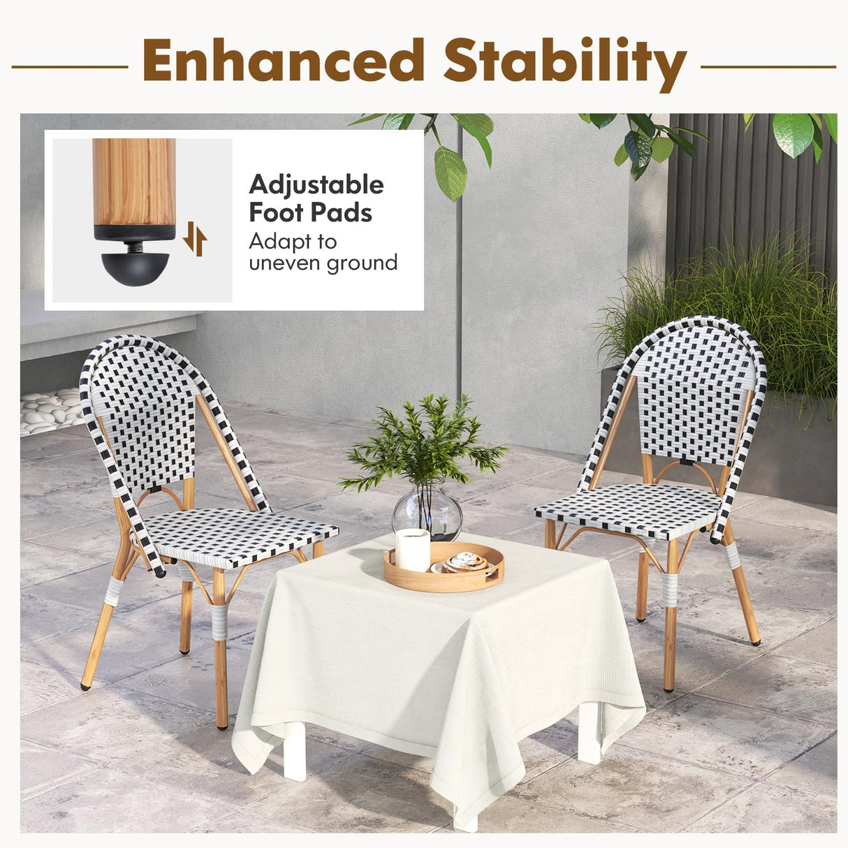 Tangkula French Bistro Chair Set of 4, Outdoor Armless Dining Chairs with Hand-Woven Rattan, Accent Chairs with Galvanized Metal Frame for Garden Kitchen Backyard Porch (Black & White) Tangkula
