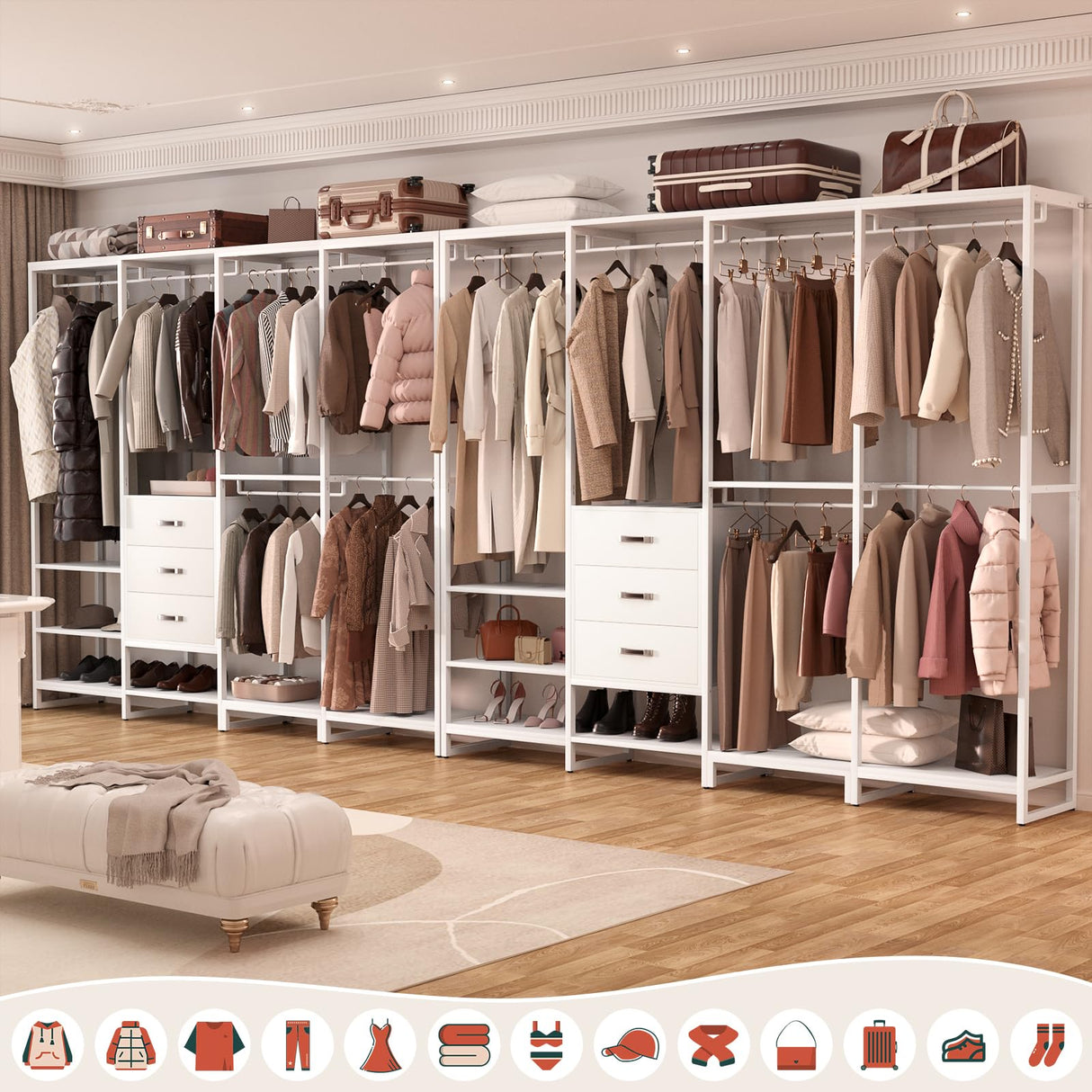 Aheaplus Wood Clothes Rack Wardrobe Closets for Hanging Clothes Heavy Duty Garment Rack, Large Corner L Shaped Closet System Organizer Walk-in Closet for Bedroom with 3 Wood Drawers, Pure White Aheaplus