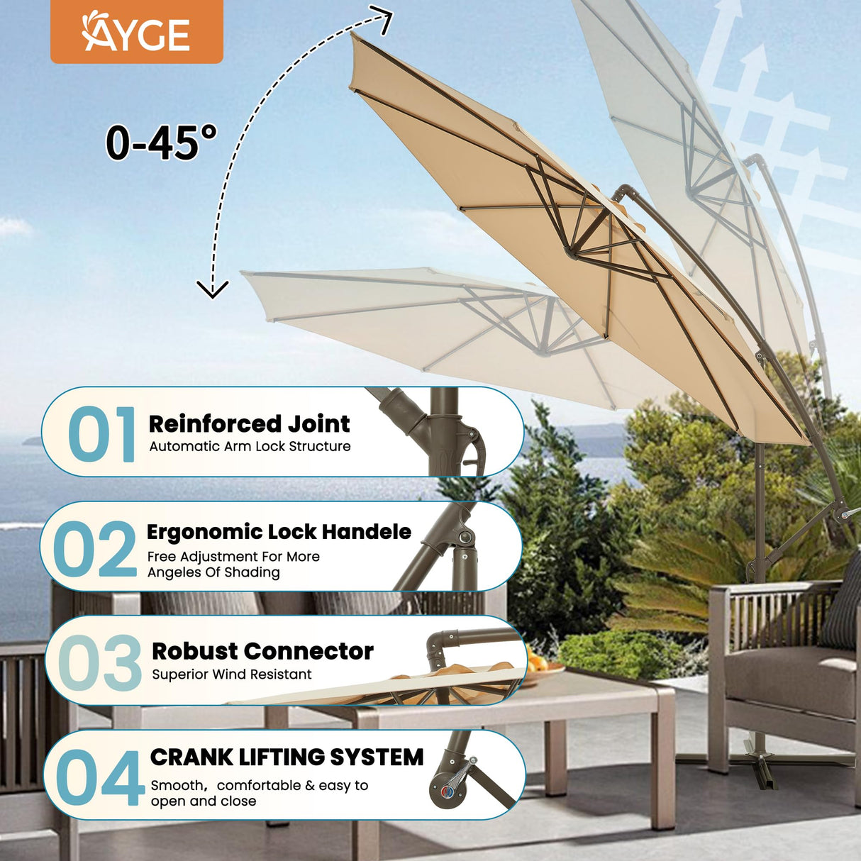 Ayge 10ft Offset Cantilever Hanging Outdoor Patio Umbrella Market Umbrella UV Resistant with Easy Tilt,Heavy-Duty Pool Umbrella for Lawn, Backyard,Garden,Yard,Beige Ayge