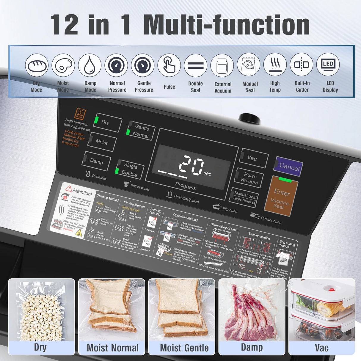 Commercial Food Vacuum Sealer Machine, 230 Watts Food Sealer Vacuum Sealer for Food with Double Heat Seal, Easy Lock Handle, 12 Functions, 1 Roll and 10 Pre-cut Bags, Progress Display OidoZac