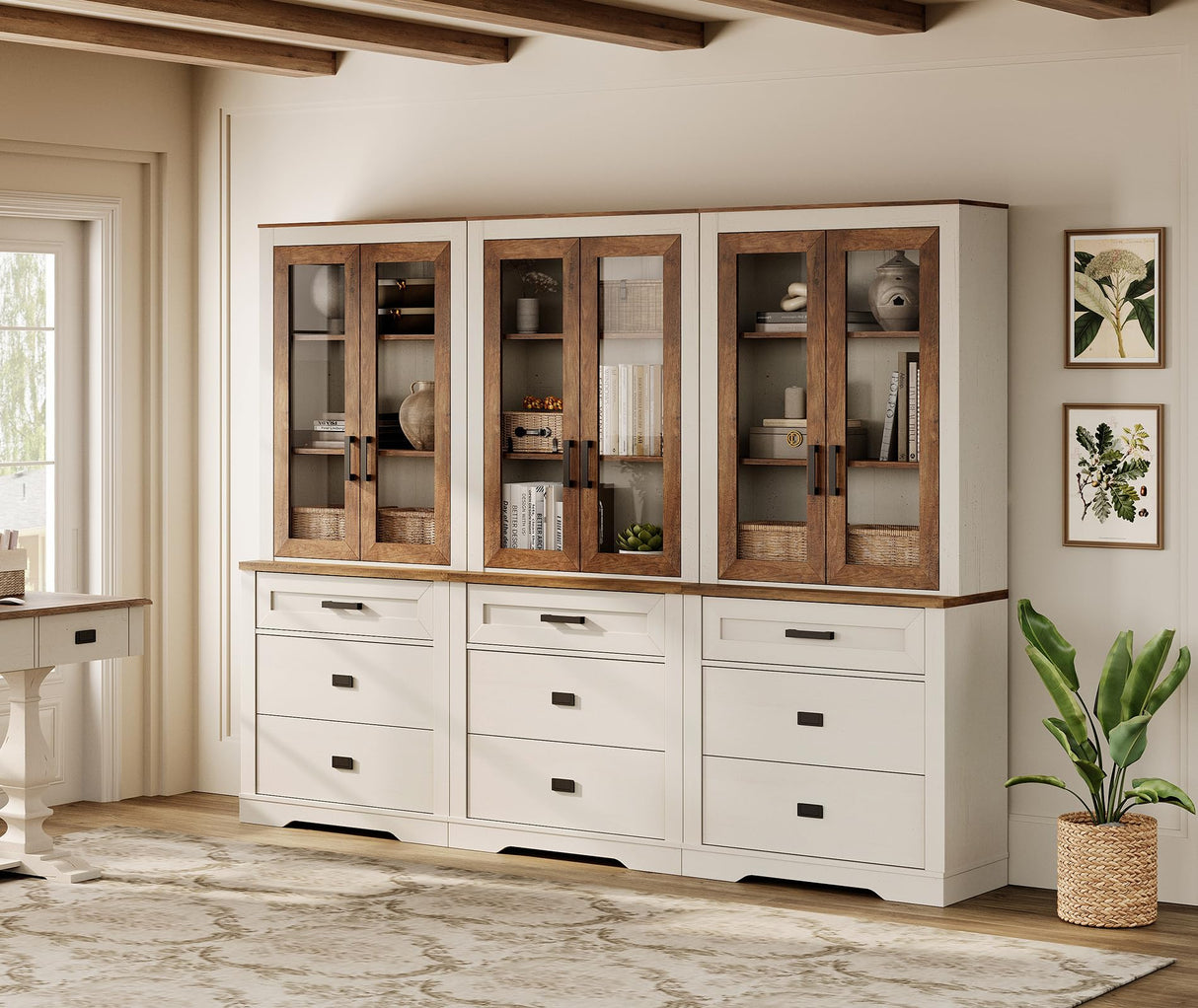 WAMPAT 3 Column 73.3" Tall Bookcase with Glass Door, 94.5" Wide Rustic Wood Bookshelves with Chest of Drawers, Modern Farmhouse Display Cabinet with Adjustable Shelves for Home,Office,White&Oak WAMPAT