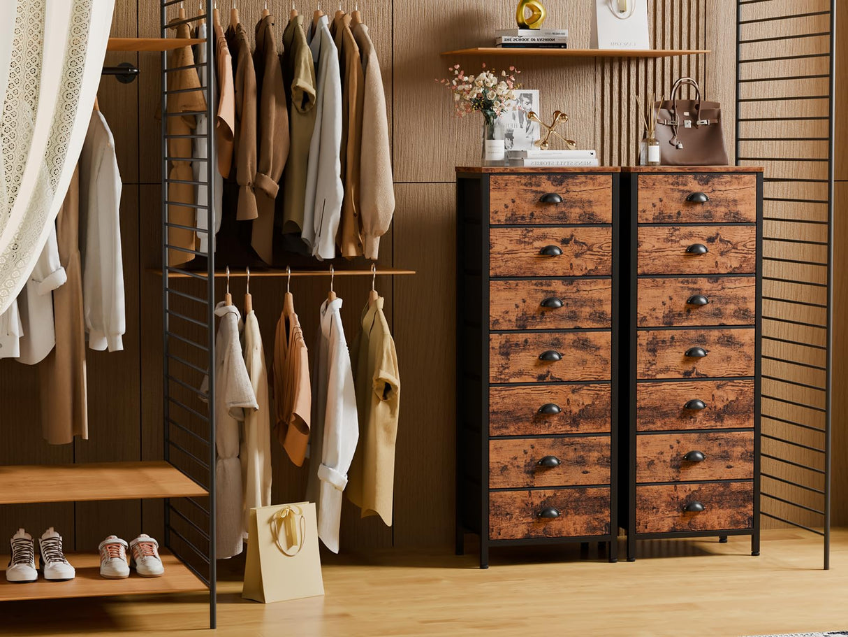 Furnulem Dresser with 7 Drawers,Tall Chest of Drawers Industrial Fabric Dresser for Bedroom,Vertical Storage Tower Bedside Furniture in Living Room,Closet,Entryway-Sturdy Steel Frame(Rustic Brown) Furnulem
