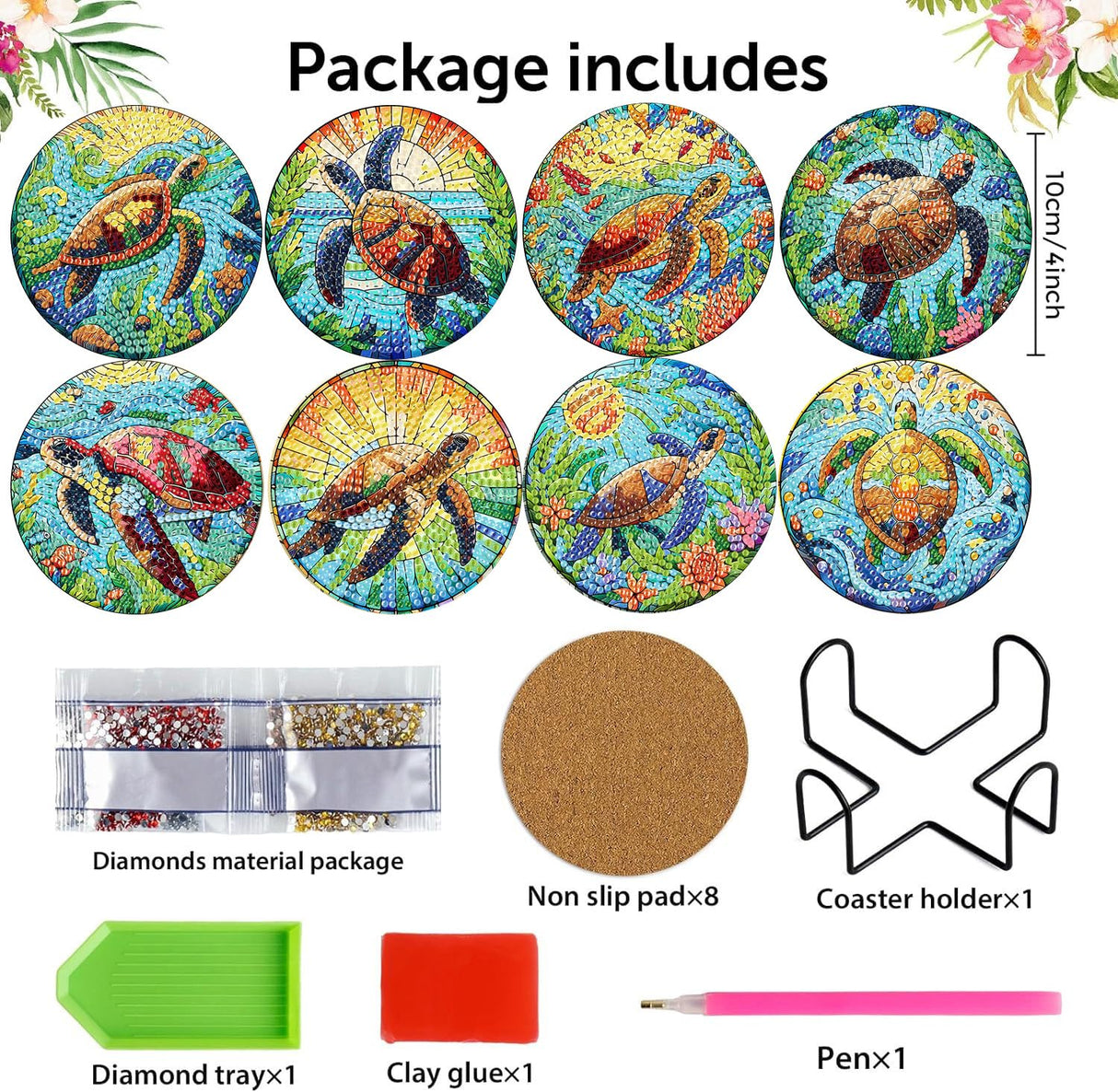 8 Pieces Diamond Art Painting Coasters Kit, Sea Turtle Diamond Art Coaster, DIY Diamonds Craft Kits for Adults and Beginners (Turtle Style) croshom