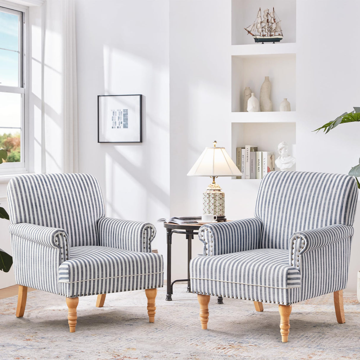 HUIMO Linen Fabric Accent Chairs Set of 2, Mid-Century Modern Armchair with Solid Wood Legs, Single Sofa Chair,Upholstered Reading Club Chair (2, Dark Blue and White Stripe) HUIMO