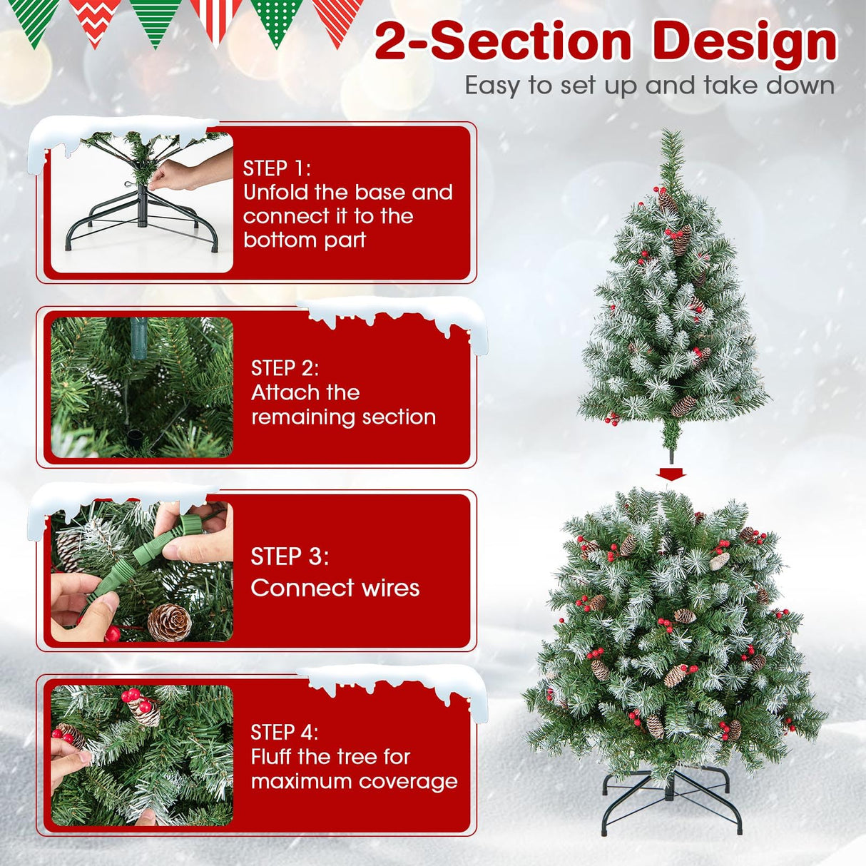 Goplus 5ft Pre-Lit Christmas Tree, Artificial Hinged Xmas Tree with 200 Warm-White LED Lights, 8 Lighting Modes, 450 Branch Tips, Red Berries & Pinecones, for Holiday Party Office Home Decor Goplus