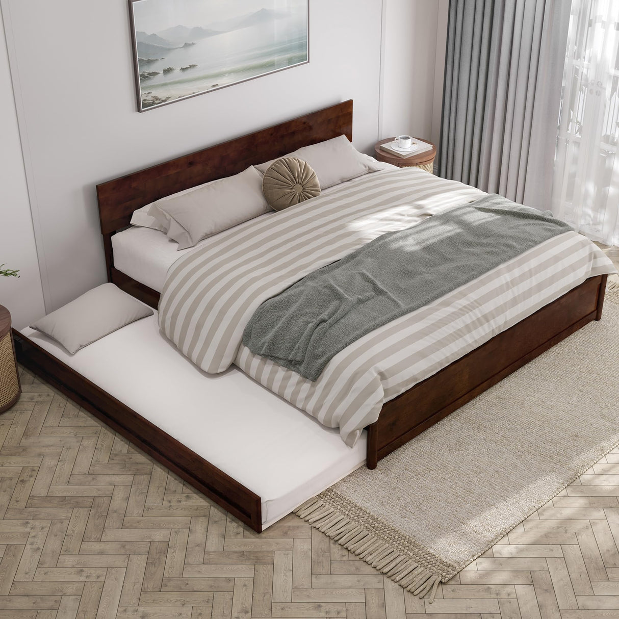 AFI, Wesley King Platform Bed with Panel Footboard & Twin XL Trundle, Walnut AFI