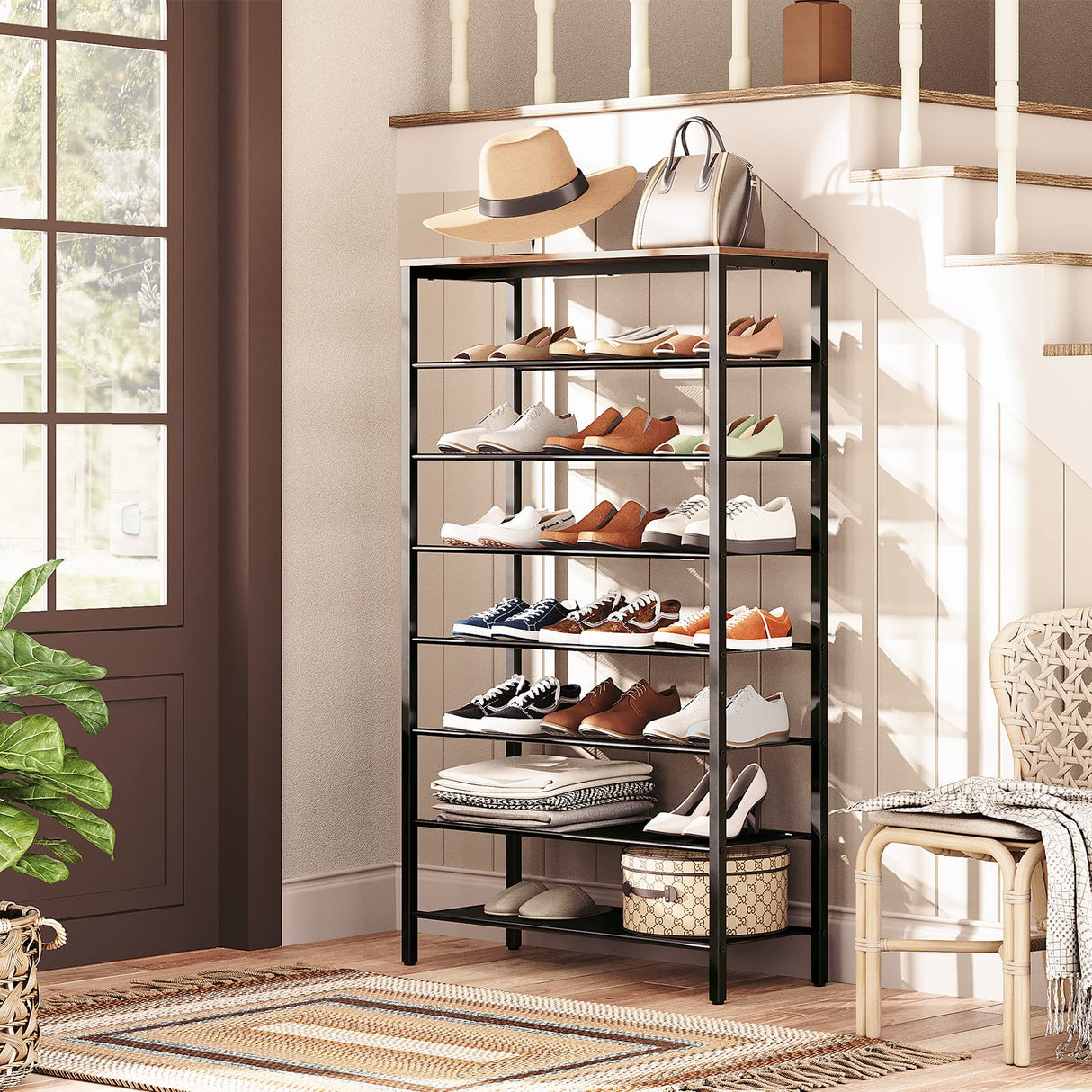 MAHANCRIS 8-Tier Shoe Rack, Large Capacity Shoe Shelf, Shoe Organizer for Entryway, 28-32 Pairs of Shoes, Stable Sturdy, Tall Shoe Rack with Adjustable Metal Mesh Shelves, Rustic Brown SRHR1801Z MAHANCRIS