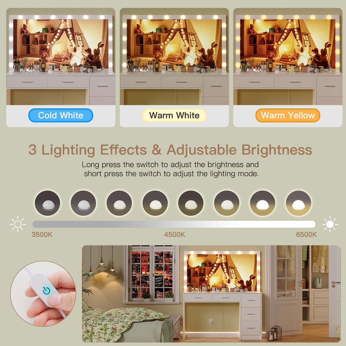 usikey 47.2" Large Vanity Desk with Lighted Mirror, 14 Lights, Makeup Vanity Table with 5 Large Drawers & Charging Station, Makeup Vanity Desk, Vanity Table Set for Bedroom, White usikey