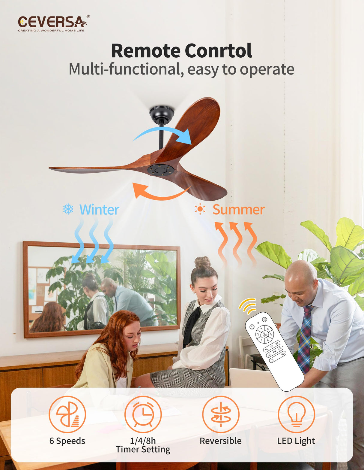 Ceversa 52 Inch Solid Wood Ceiling Fan No Light Remote Control,Outdoor Real Wood Ceiling Fan Without Light 3 Blades Walnut Exquisite Craftmade Quiet for Patio,Farmhouse,Living Room, Bedroom, Office Ceversa