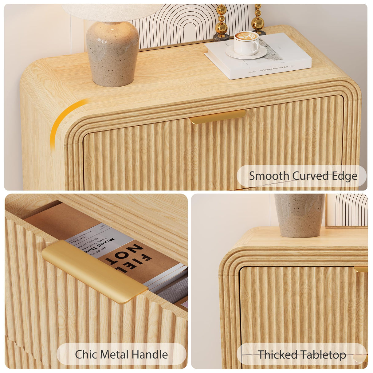 Fluted 3 Drawer Dresser, 31.8'' Tall Dresser for Bedroom, Modern Wood Chest of Drawers with Round Edge & Metal Handle, Large Nightstand with 3 Drawers for Living Room, Hallway, Entryway (Natural Oak) Decofy