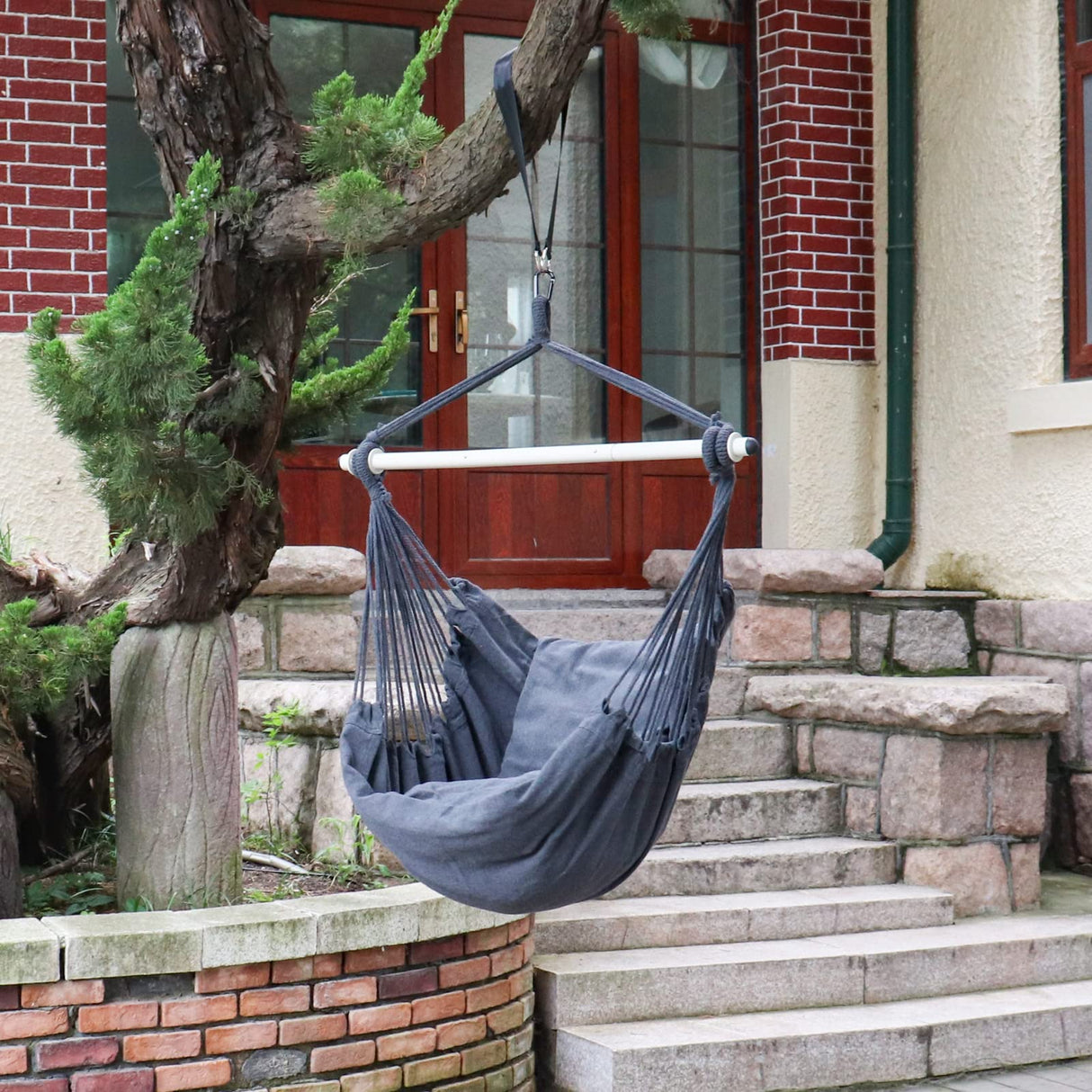 Highwild Hammock Chair Hanging Rope Swing - Max 500 Lbs - 2 Cushions Included - Steel Spreader Bar with Anti-Slip Rings - for Any Indoor or Outdoor Spaces (Grey) Highwild