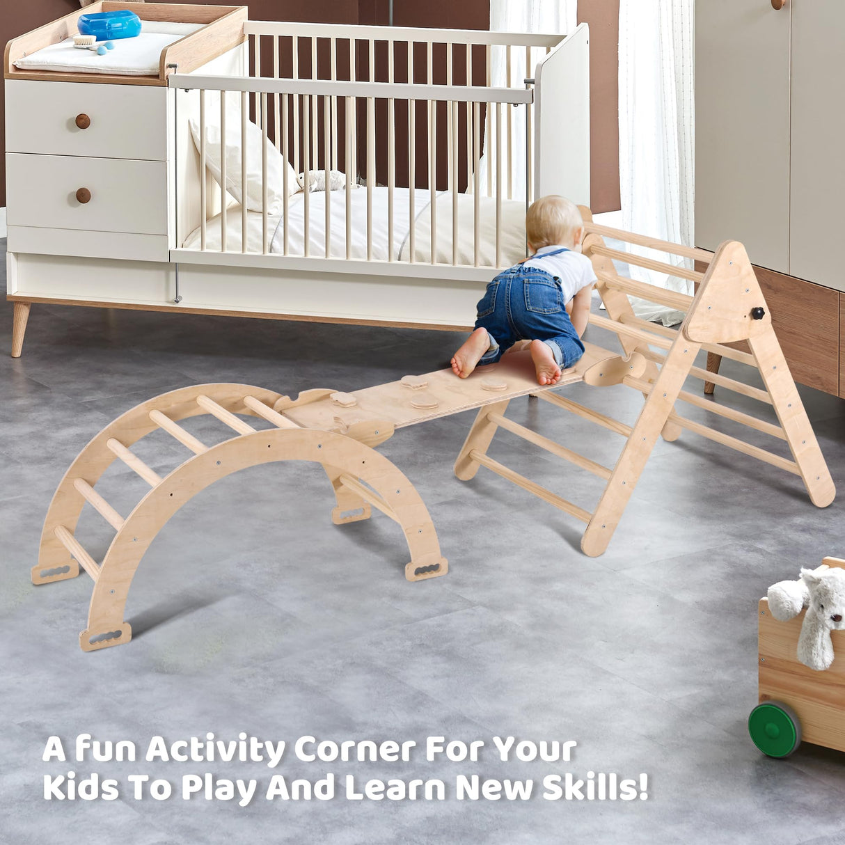 Agiyimi 4 in 1 Pikler Triangle Climber, Foldable Wooden Triangle Ladder Montessori Climbing Toys with Ramp Arch Climber Rocker Indoor Outdoor Gym Playground Climbing Toys for Toddlers(Natural) Agiyimi