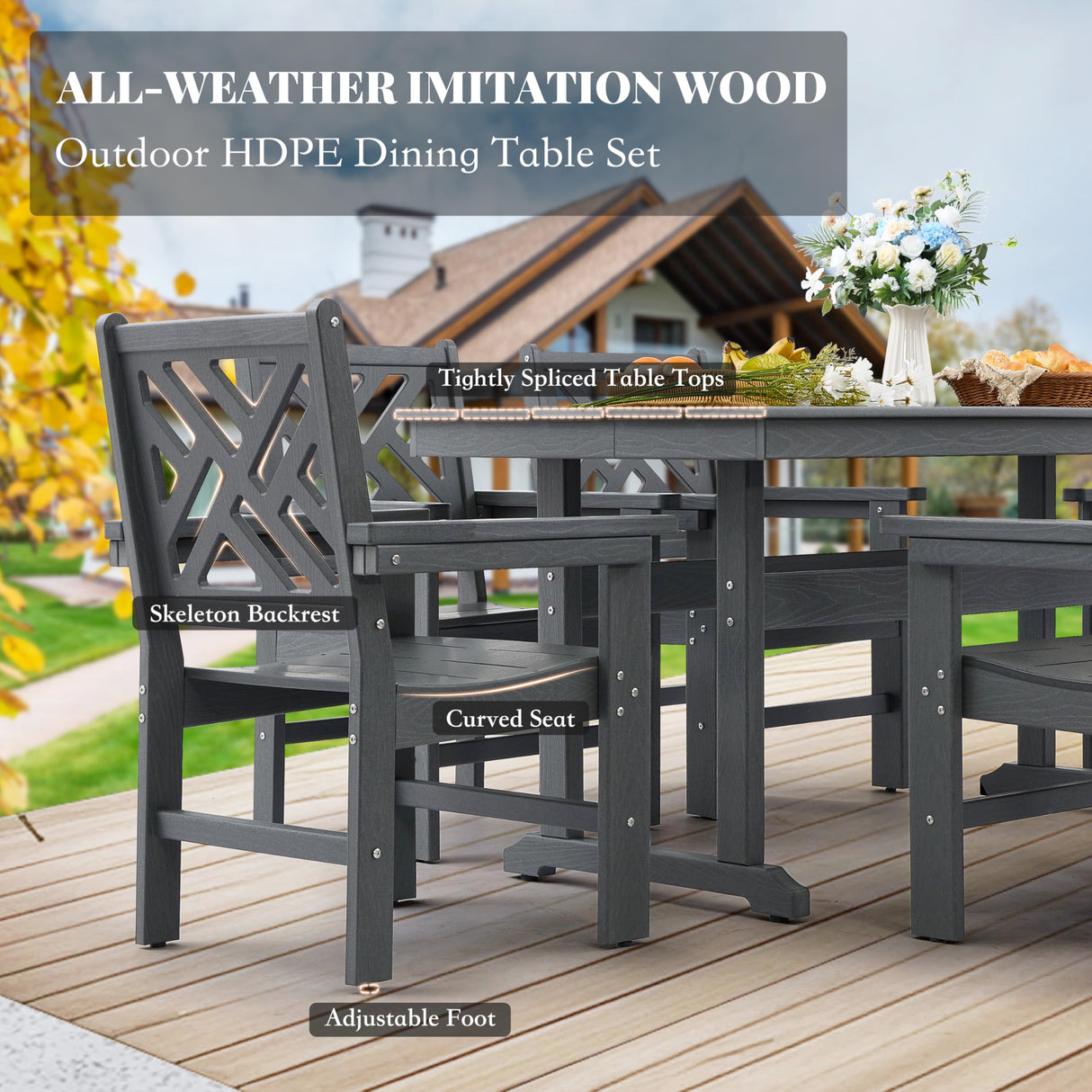 HDPE Outdoor Dining Set,10-Piece Outdoor Table and Chairs Include 8 Dining Chairs and 2 Pcs 62.5" Patio Dining Table with Umbrella Hole (Gray) AZXZCS