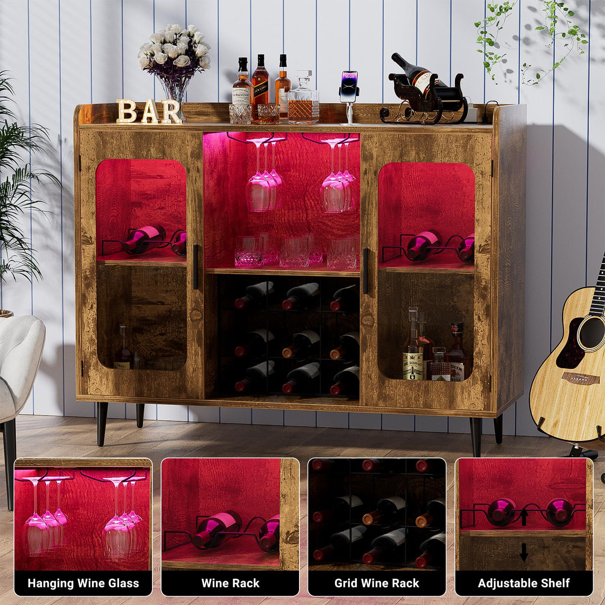 Hyomdeck Rustic Brown Liquor Cabinet with LED Lighting, Power Outlet & Versatile Storage Solutions Hyomdeck