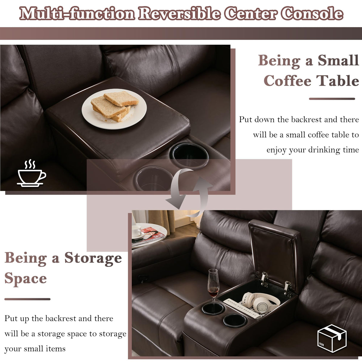 DRMBOOK Reclining Loveseat Sofa, Faux Leather Double Reclining RV Loveseat Couch with Console, Manual 2 Person Recliner, 2 Seater Home Theater Seating with Cup Holders for Living Room (Light Brown) DRMBOOK