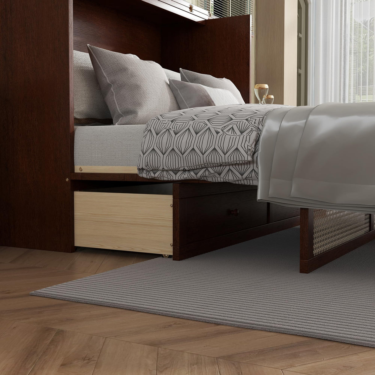 Ball & Cast Hideaway Cabinet Bed Queen Size,Wood Rattan Murphy Bedframe with Storage Drawer,Wall Platform can be Folded up,Space-Efficient Design,for Apartment,Bedroom,Walnut Ball & Cast