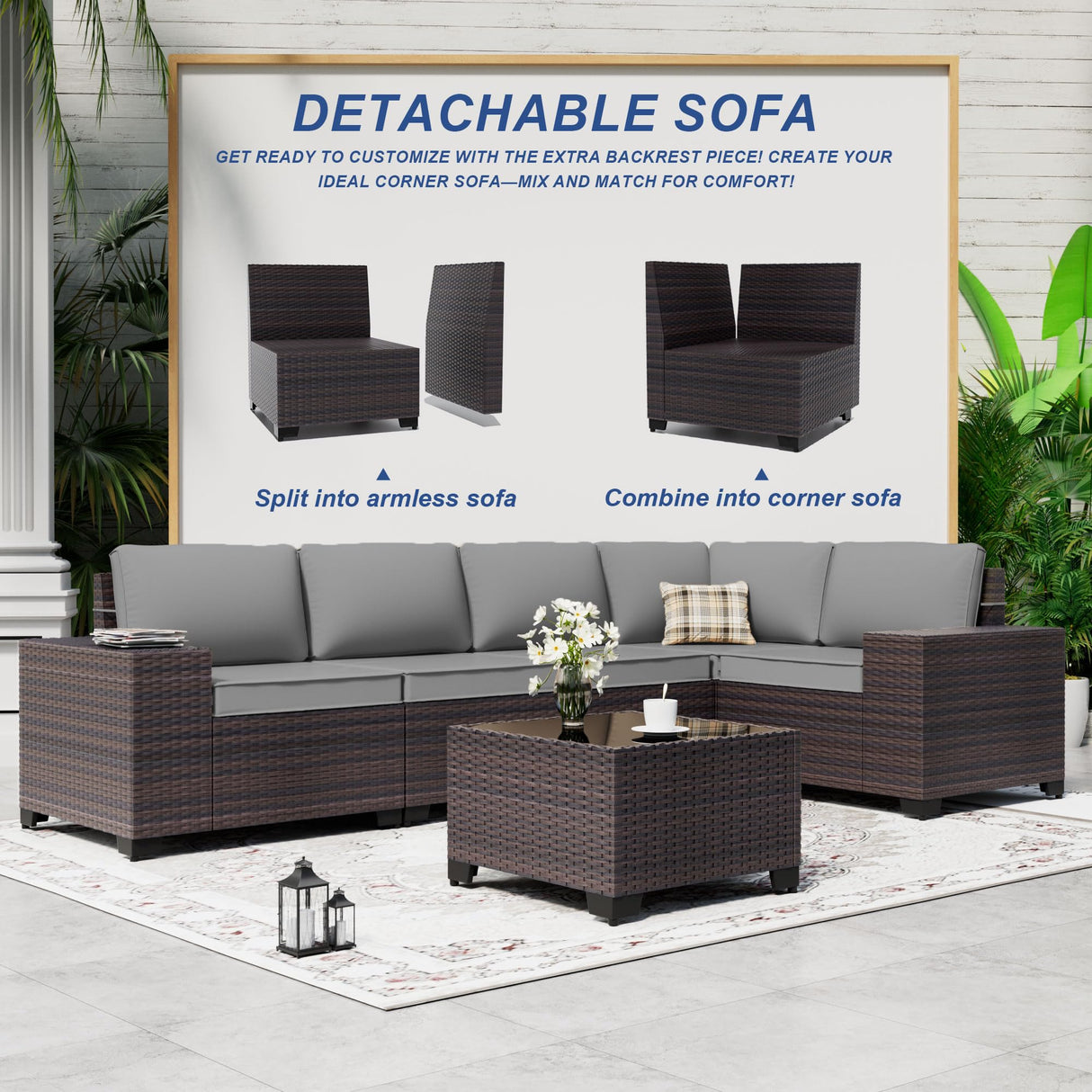 ASJMR 10 Pieces Patio Furniture Set with 2 Swivel Chairs Patio Furniture Outdoor Sectional Sofas with 55000 Gas Fire Pit Patio Conversation Set w/7 Cushions-Gary ASJMR