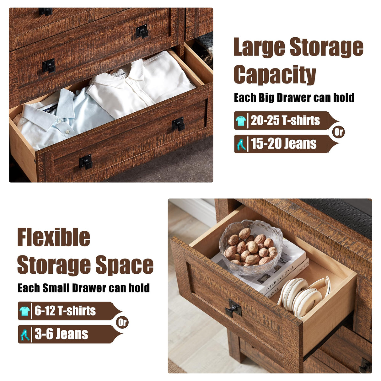 T4TREAM Farmhouse 7 Drawers Dresser for Bedroom, Wood Rustic Dresser Tv Stand, Storage Dressers Organizer for Bedroom, Living Room,Hallway, Reclaimed Barnwood T4TREAM