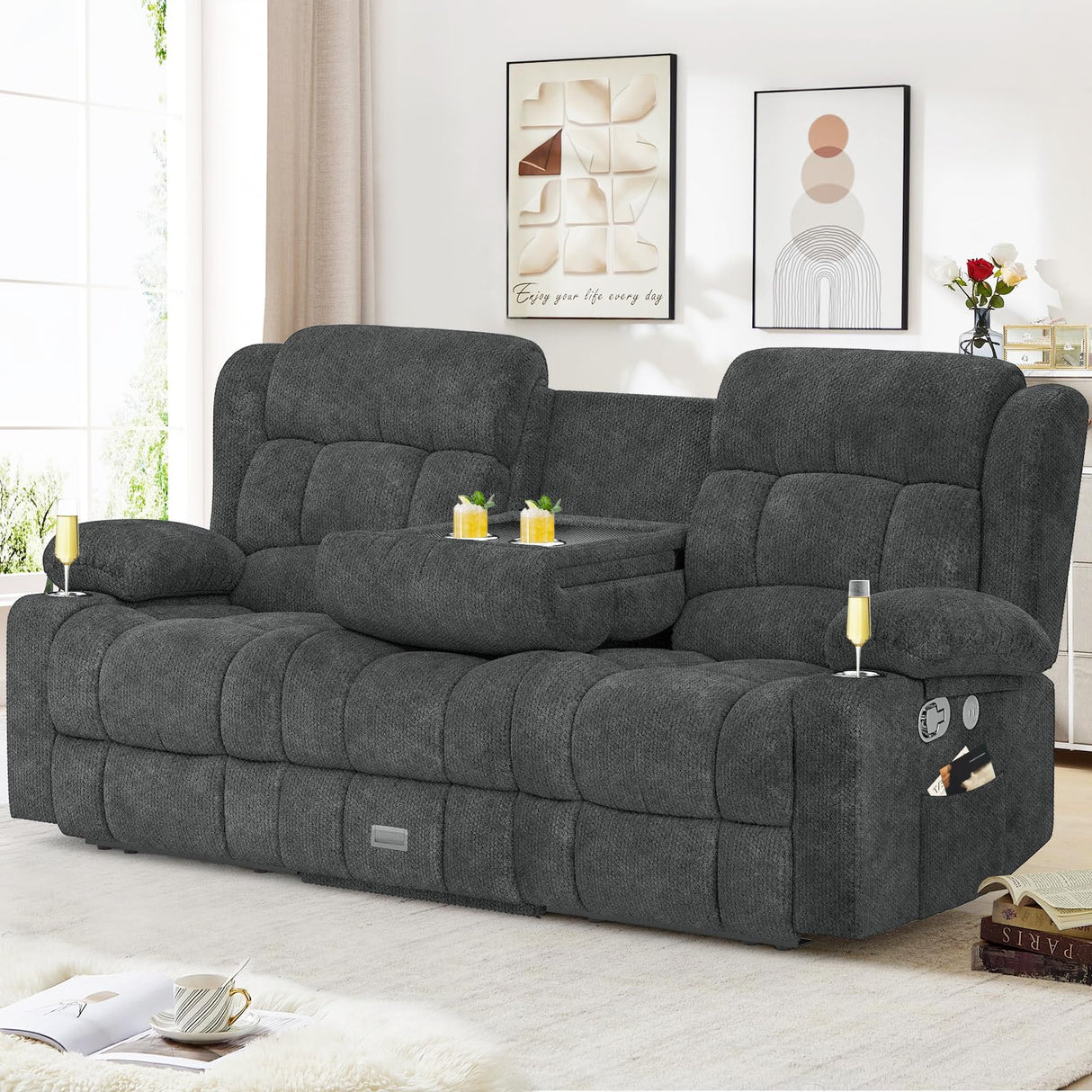 Dresegmt Loveseat Recliner Sofa, Flip Middle Backrest Design 3 Seat Reclining Sofa with Large Storage Drawer, USB Ports & Cup Holders, Manual Couch for Living Room/Home Theater (New Gray) Dresegmt