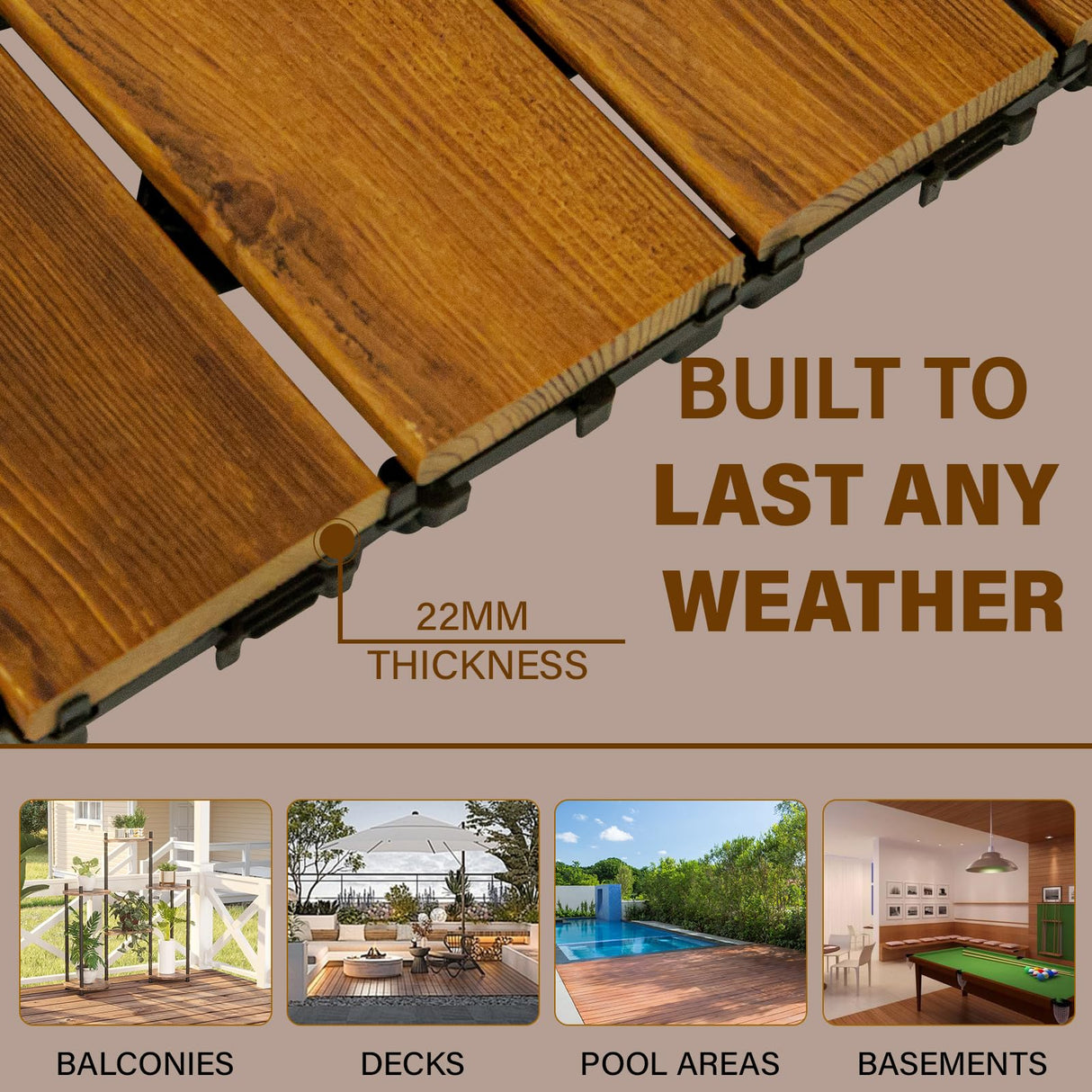 10-Pack 12"x12" Interlocking Acacia Wood Deck Tiles – 4 Slats Waterproof Outdoor Flooring for Patio, Balcony & Backyard FROM ONE