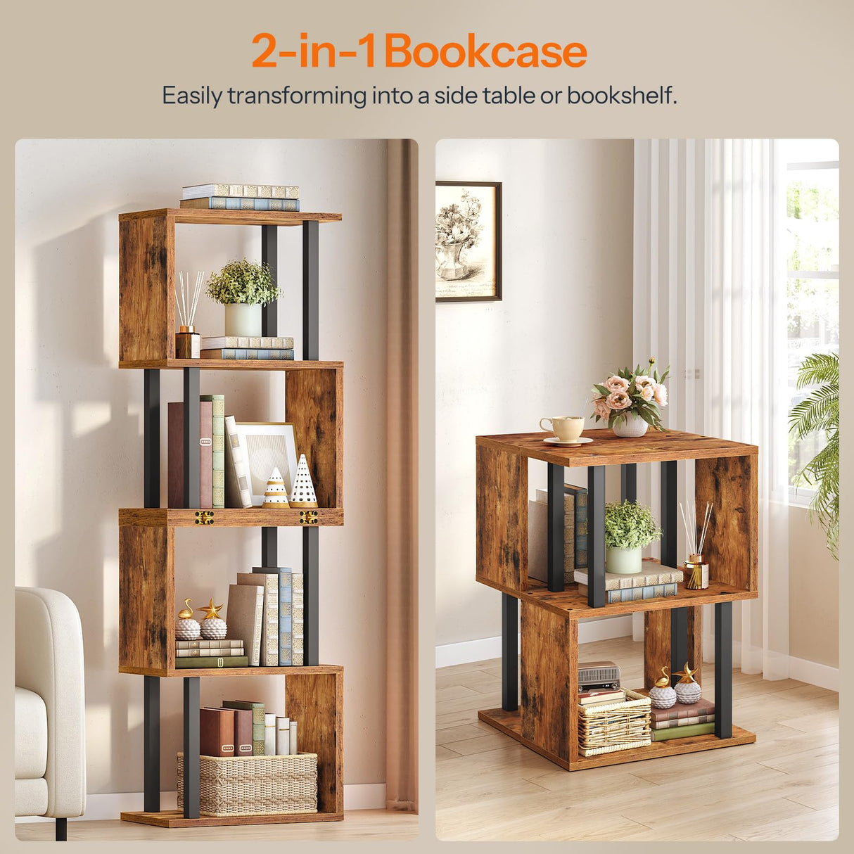 HOOBRO 5-Tier Bookshelf, S-Shaped Geometric Bookcase, Modern Display Shelf, Wooden and Metal Decorative Divider Rack, 2-in-1 Folding Bookshelf for Office, Living Room, Rustic Brown and Black BF20SJ01 HOOBRO