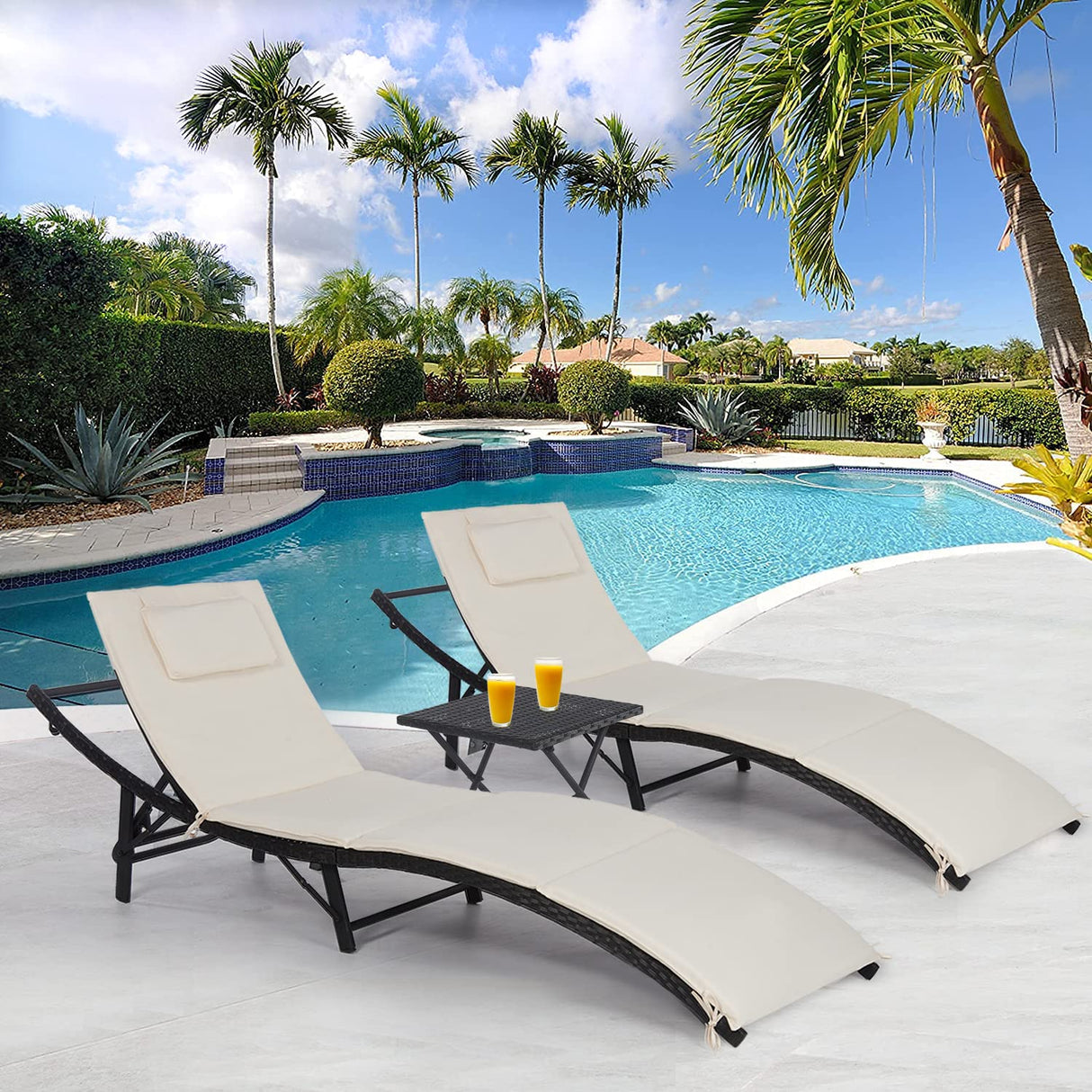 PayLessHere Patio Chaise Lounge Set of 3 Adjustable Back Outdoor Lounge Chair Folding Wicker Recliner Chair 2 Pieces Outside Chairs with Folding Table and Khaki Cushioned for Poolside Deck Lawn Beach PayLessHere