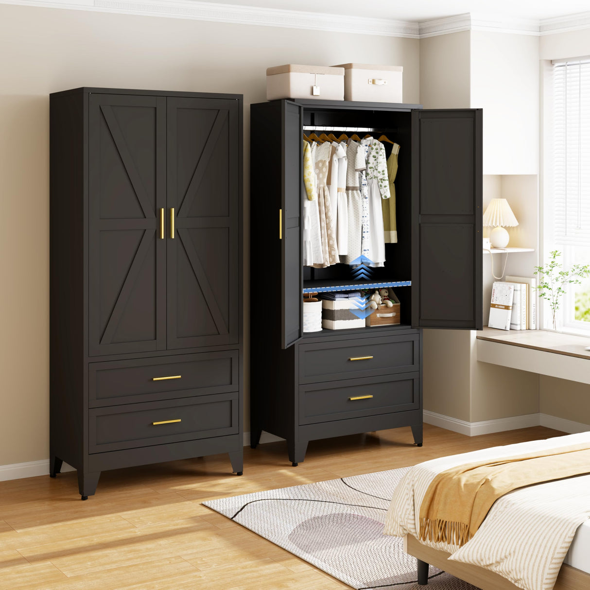 FIRMET Metal Wardrobe Closet Cabinet with Drawers,71" H Large Bedroom Armoires with Shelves and Hanging Rod,Wardrobe Storage Cabinet with 2 Doors, 1 Adjustable Shelf and 2 Drawers FIRMET