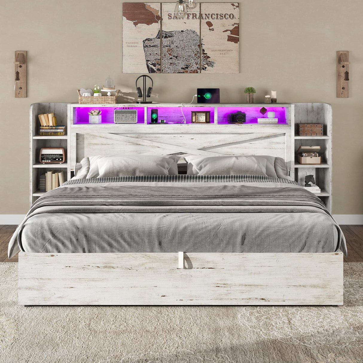 AMERLIFE King Size Lift Up Storage Bed Frame, 45.1" LED Bed Frame with 2 Side Shelves & Bookcase Headboard, Farmhouse Wood Platform Bed with Charging Station, No Box Spring Needed, Distressed White AMERLIFE