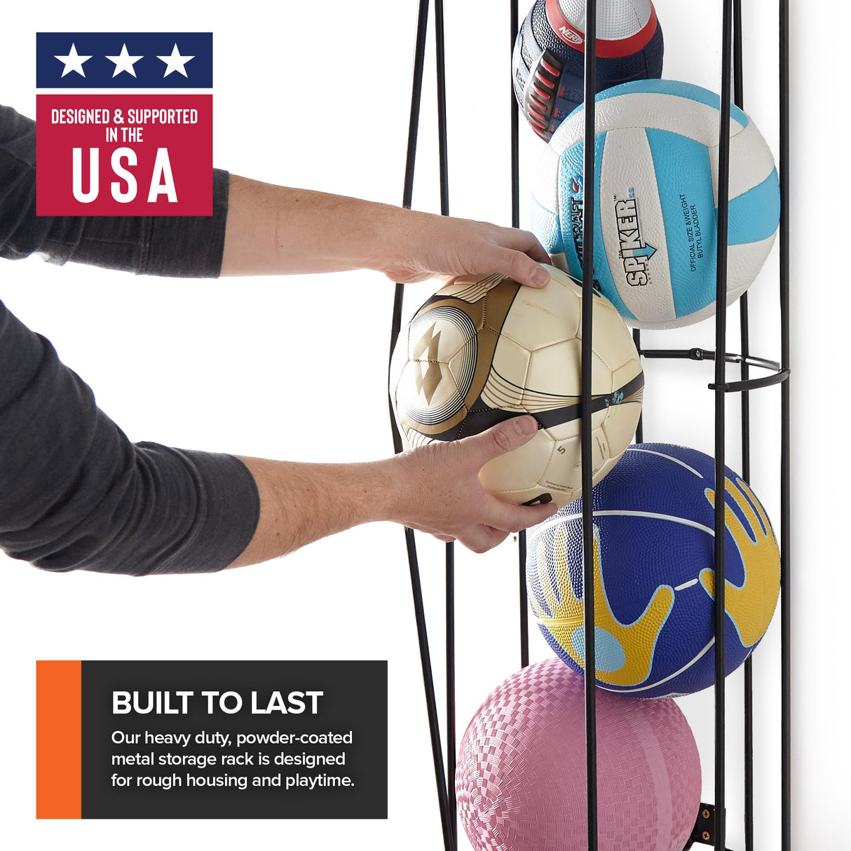 Vertical Ball Storage Rack, Wall-Mounted Garage Sports Equipment Organizer, Soccer Ball, Volley Ball, Football, and Basketball Holder, Space-Saving Vertical Ball Rack for Garage, Gym, or Playroom Modern Innovations