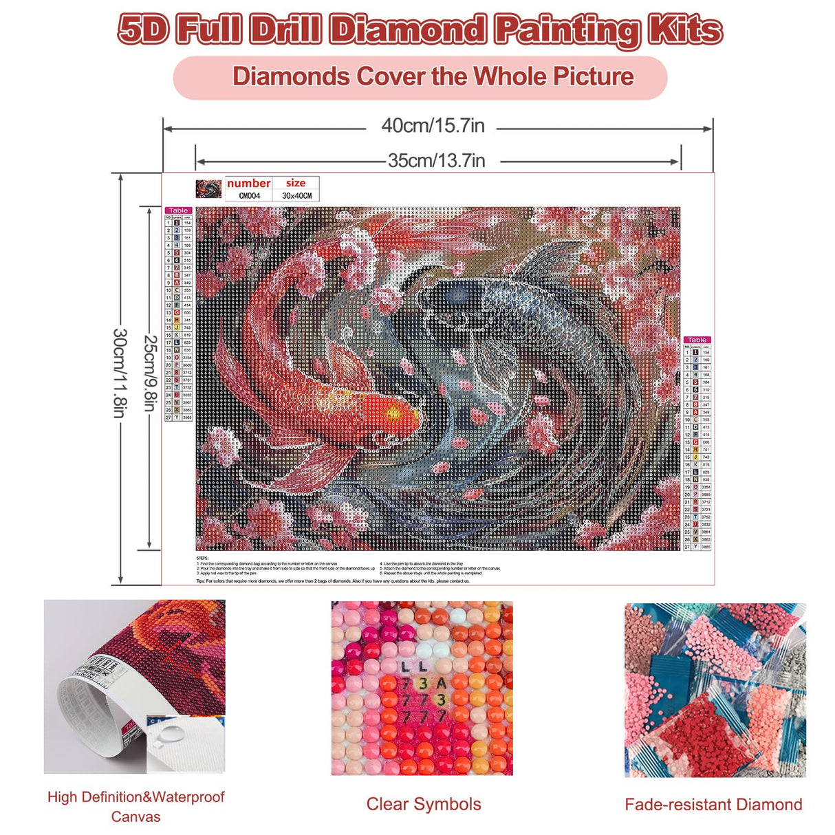 CEOVR Taichi Koi Diamond Art Kits for Adults, Koi Flower Diamond Painting Dots DIY DIY Gem Art, Adult Crafts Kits Wall Decor for Home Office 16x12in CEOVR