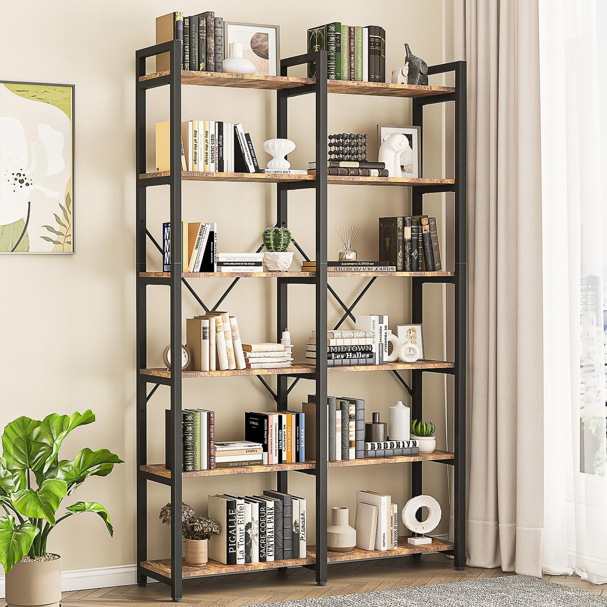 oneinmil Bookshelf 6 Tier, 71.5'' Industrial Wood Bookshelves, Book Shelf with 12 Open Display Shelves & Metal Frame, Tall Bookcase for Home and Office, Rustic Brown oneinmil
