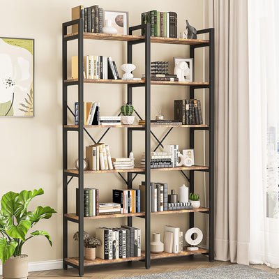 oneinmil Bookshelf 6 Tier, 71.5'' Industrial Wood Bookshelves, Book Shelf with 12 Open Display Shelves & Metal Frame, Tall Bookcase for Home and Office, Rustic Brown