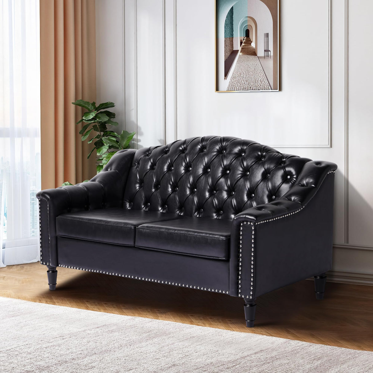 Chesterfield Loveseat, 55" Leather Love Seat Sofa, Comy Small Sofa Counch with Camelback for Small Spaces, Mid Century Modern 2 Deep Seats Couch for Apartment Living Room, Bedroom (PU-Loveseat, Black) SUJOUCRAFT