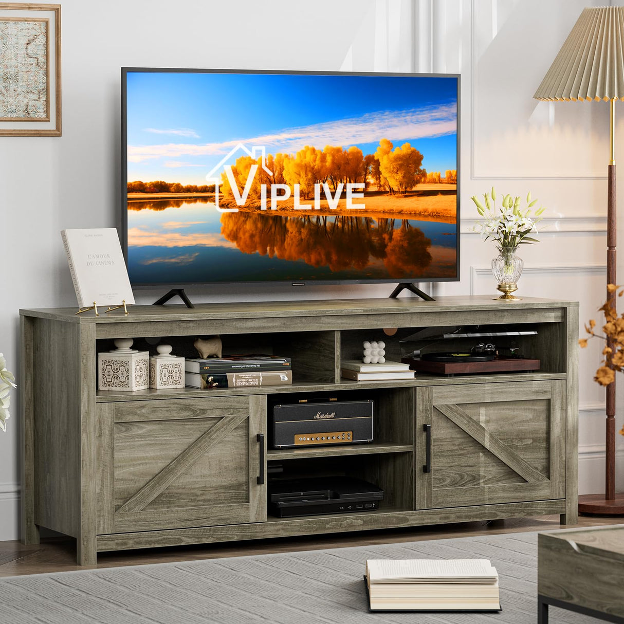 Viplive Farmhouse TV Stand for Bedroom, TV Stand for 65 Incn TV, Universal TV Stand with Ample Storage Cabinets, Media Furniture with Entertainment Center and Console Table for Living Room Viplive