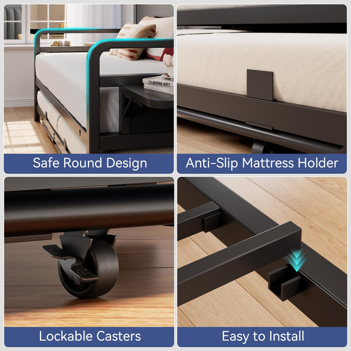 Jocoevol Daybed with Trundle and LED Light, Heavy Duty Metal Twin Bed Frame with Movable Charging Station, Day Bed Pop Up Trundle Bed Twin for Living Room, Bedroom and Guest Room, Black Jocoevol