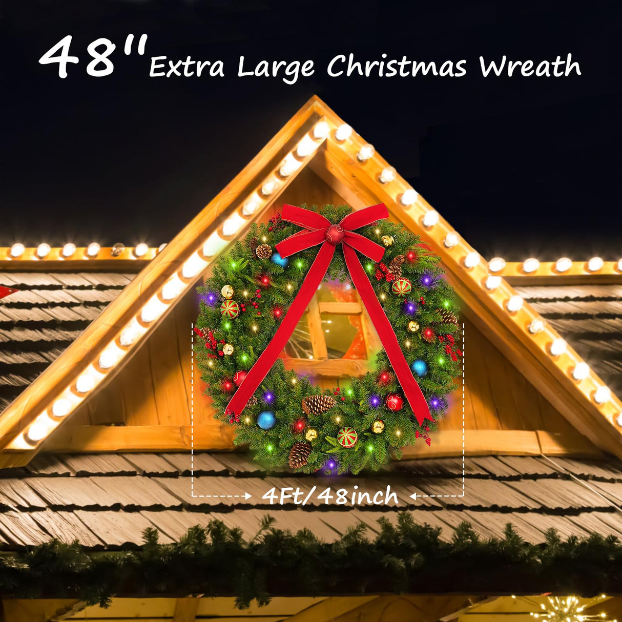 48 Inch Christmas Wreath, Pre Lit Christmas Wreath with 200 Lights, Red Bow, Ornament Balls, Remote Control, 11 Light Modes, Giant Christmas Wreaths Perfect for Garage Porch Roof Fireplace Outdoor colorspec