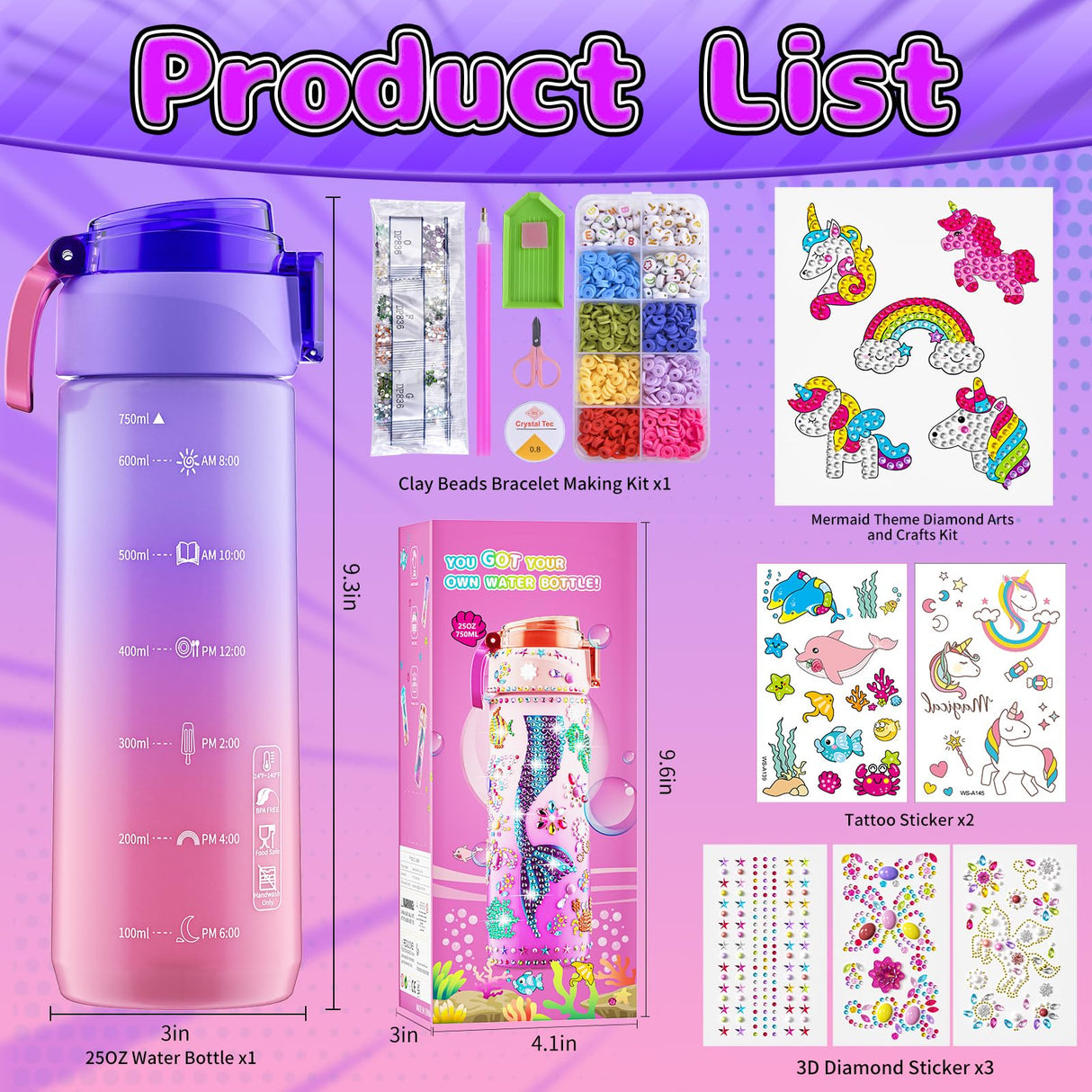 Decorate Your Own Water Bottle Kits for Girls Age 4-12, Unicorn Toys for Girls Age 4-6 Painting Crafts Kit, Clay Beads Bracelet Making Kit, Birthday Gifts Toys for Ages 6-12 (Unicorn) BOOH
