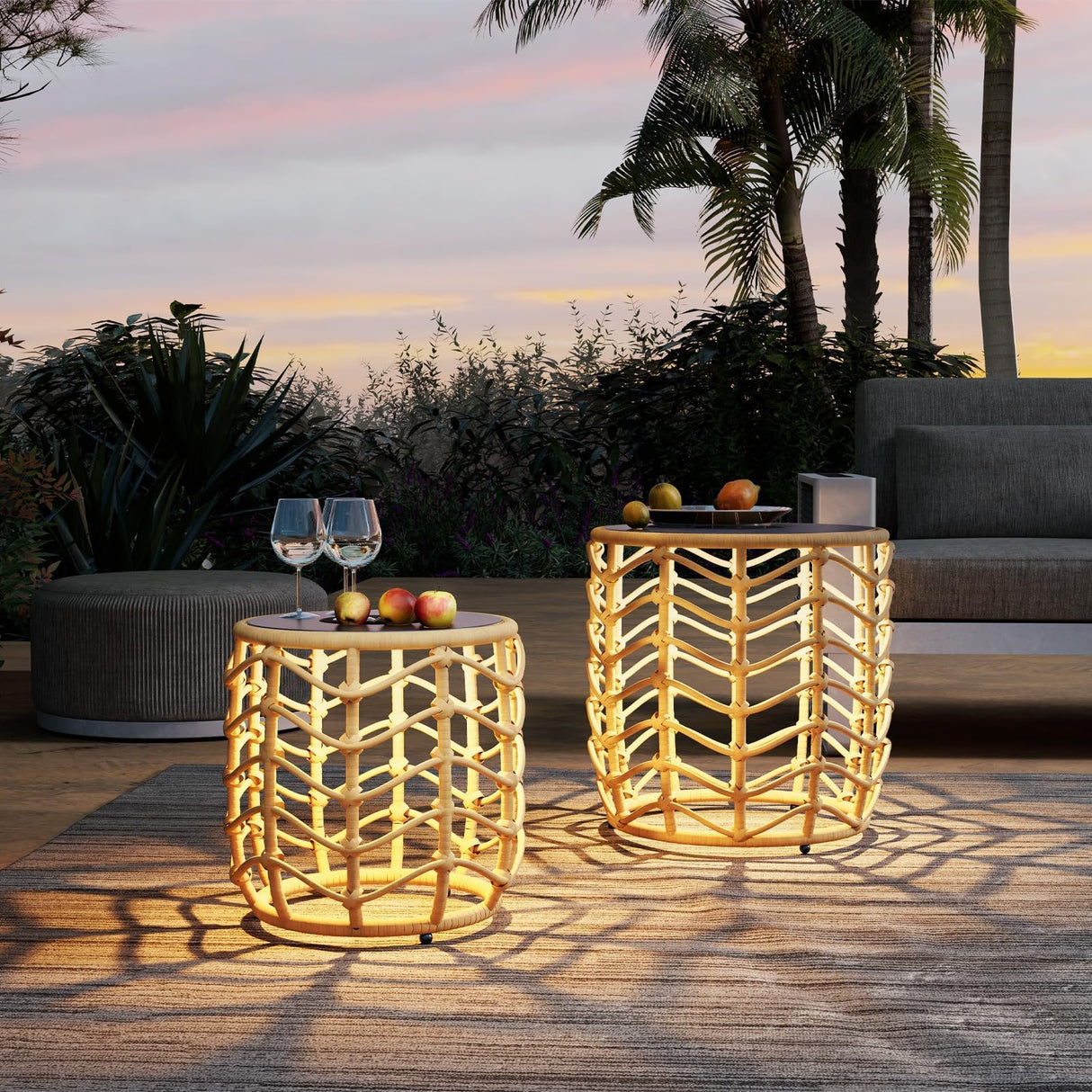 Solar Yard Boho Solar Nesting Tables with Built-in Lights - Set of 2, Weather-Resistant Wicker for Patio, Porch, Garden, Perfect Side Table for Outdoor Living, Natural & Stylish Design Solar Yard