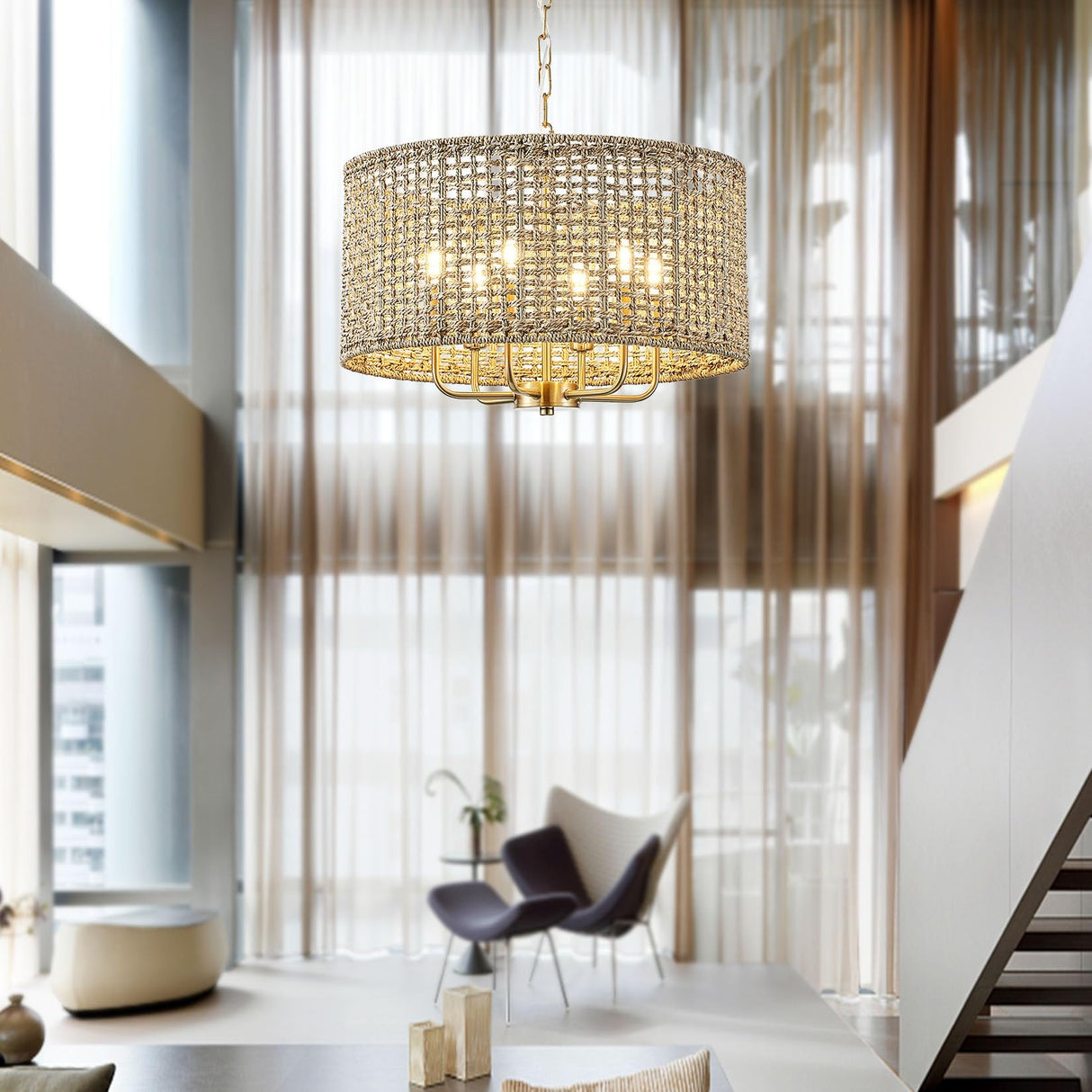 Giutna 20" Rattan Hand-Woven Boho Chandelier for Dining Room, 6-Light Rattan Drum Wicker Farmhouse Chandelier Large Vintage Chandelier Pendant Light Fixture for Kitchen Island Entryway(Gold) Giutna