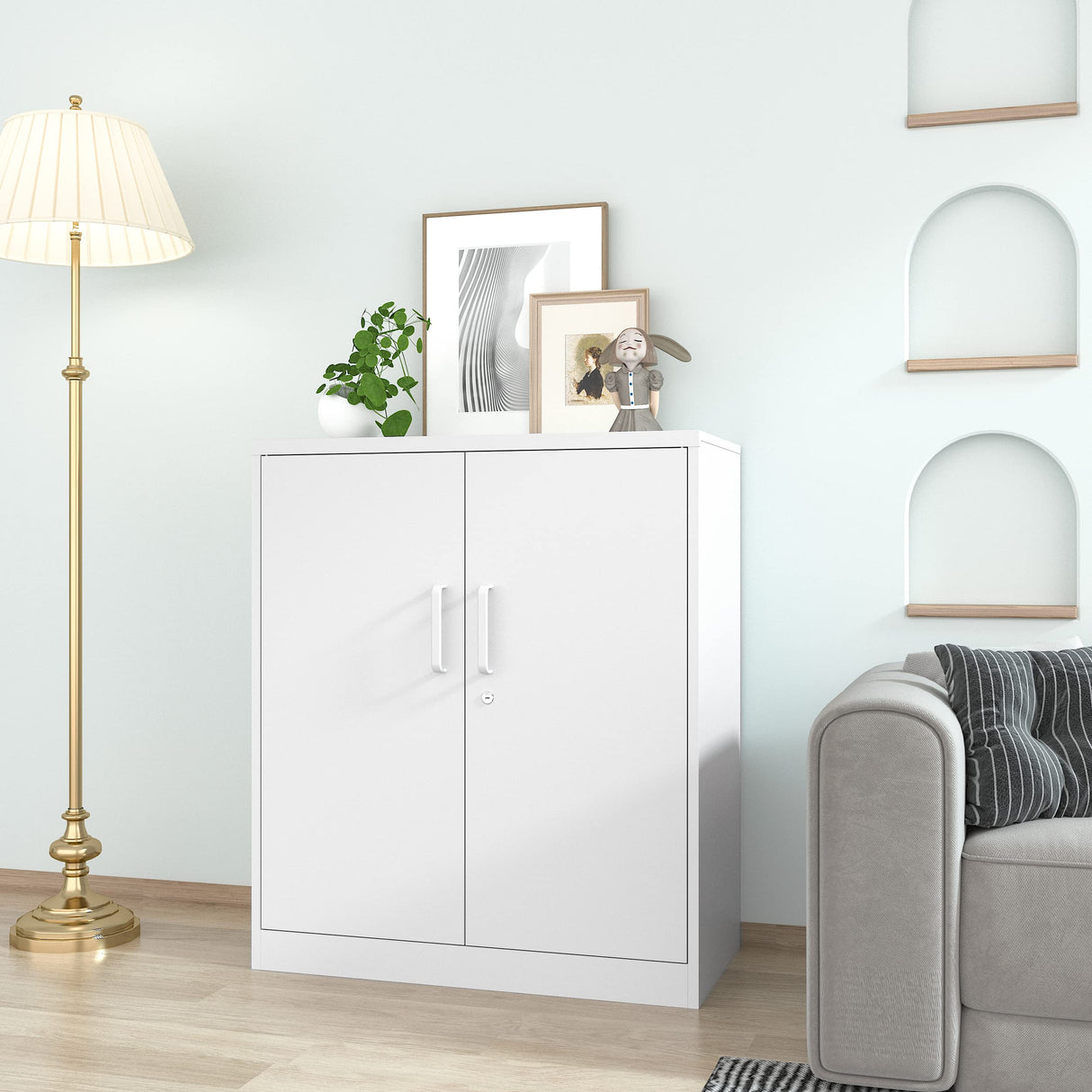 AFAIF Metal Storage Cabinets with Locking Doors, 36 inch Lockable Steel Office Cabinet with Adjustable Shelves, Small Short Garage Caninet, White Locked Tool Caninets for Home, Office, Garage, Hallway AFAIF