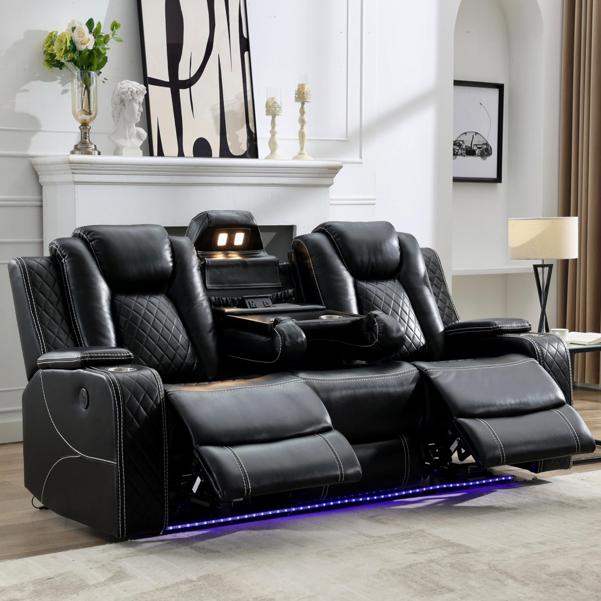 Power Reclining Sofa Couch with Wireless Charger, 3 Seaters with Recliner with Reading Light, Leather Electric 3 Seat Sofa Sectional Set for Living Room, Home Theater Seating with LED Lights, Black Comfort Stretch