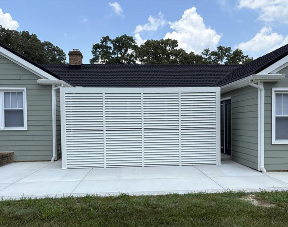 PURPLE LEAF Louvered Pergola 12' x 16' Outdoor White Aluminum Pergola with Fixed Shutter Wall Adjustable Roof Gazebo for Patio Backyard, 1 Long Side and 1 Short Side PURPLE LEAF