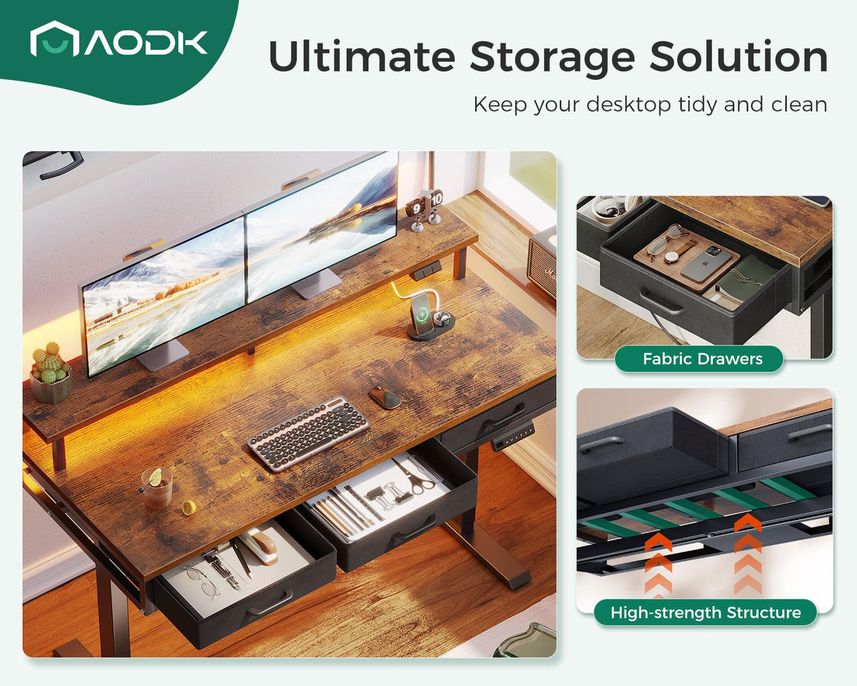 AODK 55 Inch Electric Standing Desk with 3 Drawers, Brown, Height Adjustable Desk with Power Outlets & LED Lights, Stand Up Desk with Monitor Shelf, Sit Stand Desk Computer Workstation AODK