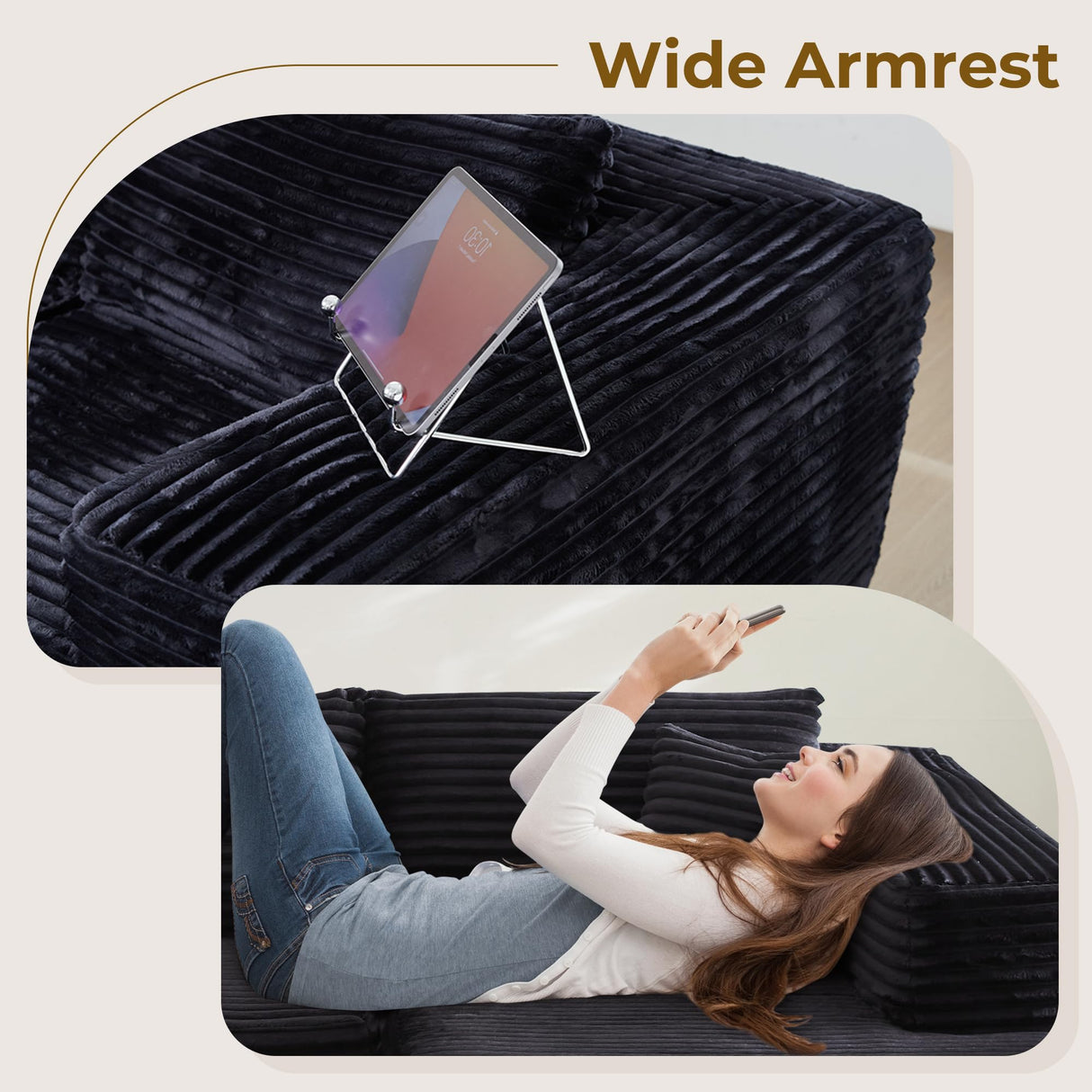 POUUIN 104" L-Shape Modular Sectional Sofa Couch - Comfy Upholstered Cloud Couch for Living Room - Modern Minimalist Couch,Deep Seat,No Assembly Required (Black,Plush Corduroy, Right Facing Chaise) POUUIN