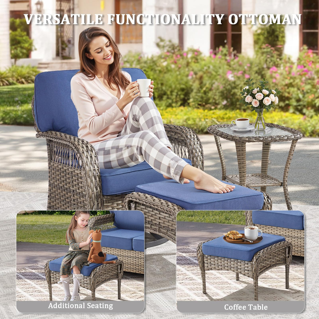 10 Pieces Patio Furniture Set Outdoor Sectional Sofa Couch with Rocking Swivel Chairs 5" Deep Seat Chairs, Modern Wicker Rattan Conversation Set, Blue/Gray Wicker Pugire