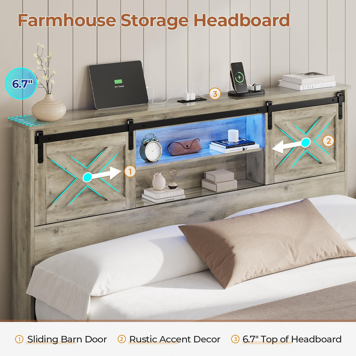 Hasuit Farmhouse Bed Frame King Size with 4 Storage Drawers, Wooden Platform King Beds with Charging Station and LED Lights, Rustic Bed with Storage Headboard and Sliding Barn Door Hasuit