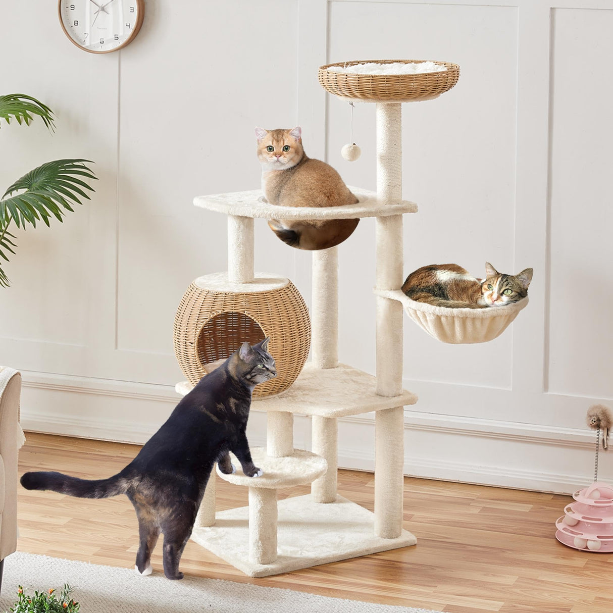 Yaheetech Cat Tree, 54in Rattan Cat Tree Tower with Luxury Woven Condo, Clear Bowl, Washable Cushions, and Scratching Posts, Cat Furniture for Indoor Cats Yaheetech