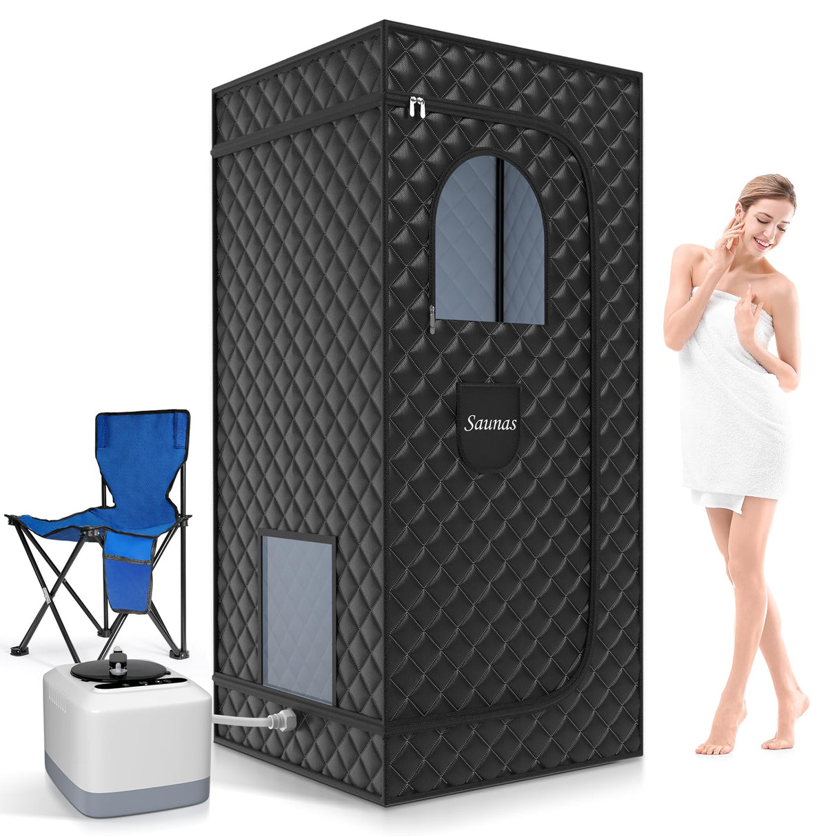 Lajou Portable Sauna Box for Home Steam Sauna Indoor Foldable Sauna Tent Personal Full Body Spa with 3L 110V 1200W Steamer, Remote Control, Folding Chair, 9 Levels, Black, 35.4"x35.4"x70.9" Lajou