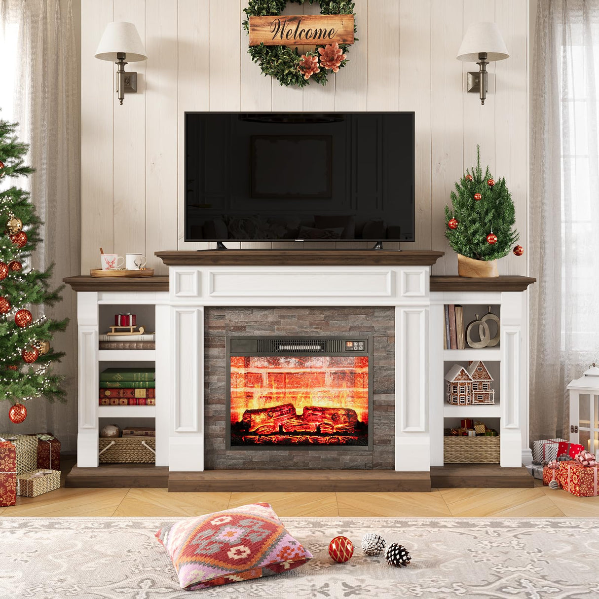 LGHM 70" Electric Fireplace with Mantel, Fireplace TV Stand for TVs Up to 80 Inch, Farmhouse Entertainment Center with Storage, Realistic Stacked Stone Surround with Remote Control for Living Room LGHM